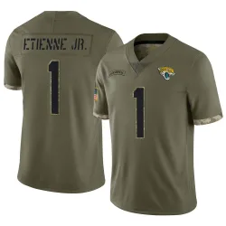Men's Travis Etienne Jr. Jacksonville Jaguars No.1 Limited 2022 Salute To Service Jersey - Olive
