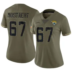 Women's Eli Mostaert Jacksonville Jaguars No.67 Limited 2022 Salute To Service Jersey - Olive