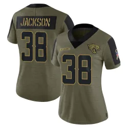 Women's Ja'Quinden Jackson Jacksonville Jaguars No.38 Limited 2021 Salute To Service Jersey - Olive