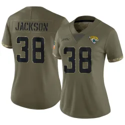 Women's Ja'Quinden Jackson Jacksonville Jaguars No.38 Limited 2022 Salute To Service Jersey - Olive