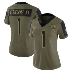 Women's Travis Etienne Jr. Jacksonville Jaguars No.1 Limited 2021 Salute To Service Jersey - Olive