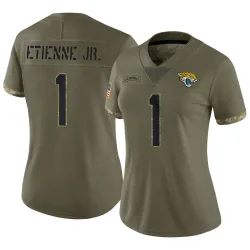Women's Travis Etienne Jr. Jacksonville Jaguars No.1 Limited 2022 Salute To Service Jersey - Olive